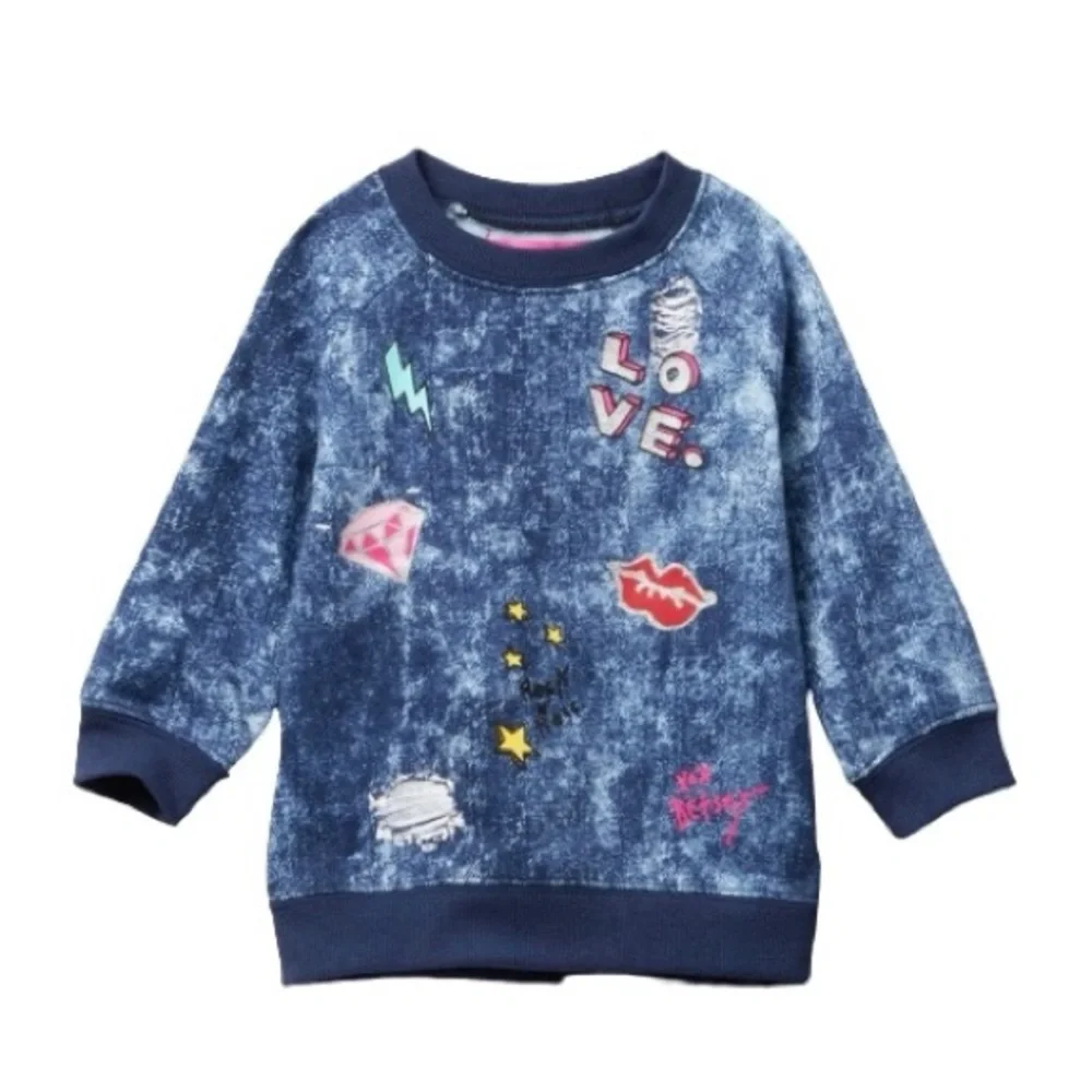 Betsey Johnson Blue Graffiti Embellished Long Sleeve Crewneck Sweater Girls 6